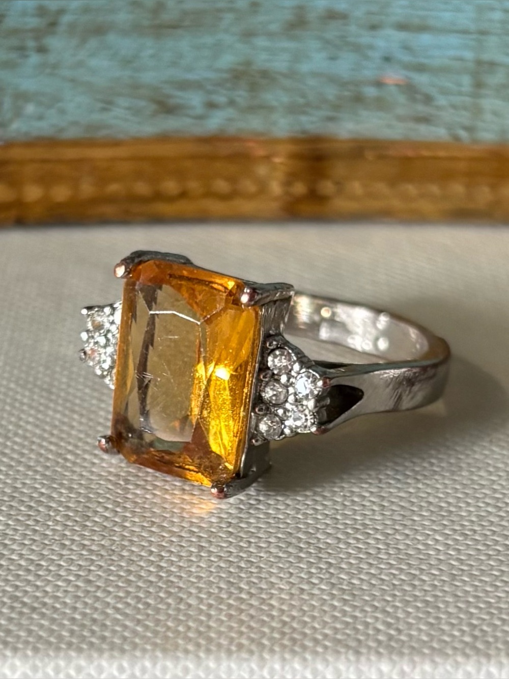 Vintage Emerald Cut Citrine and Rhinestone Sterling Silver Ring / Size 9
